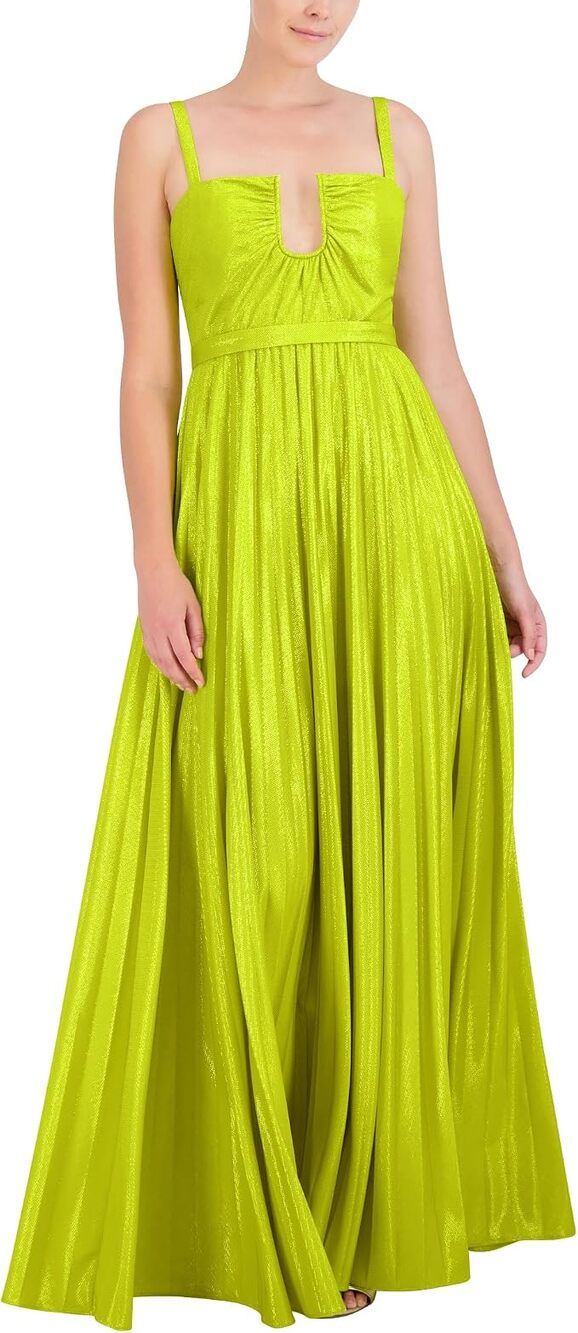 BCBGMAXAZRIA Sleeveless U Wire Neck Pleated Gown, Evening Primrose Green, Size 2